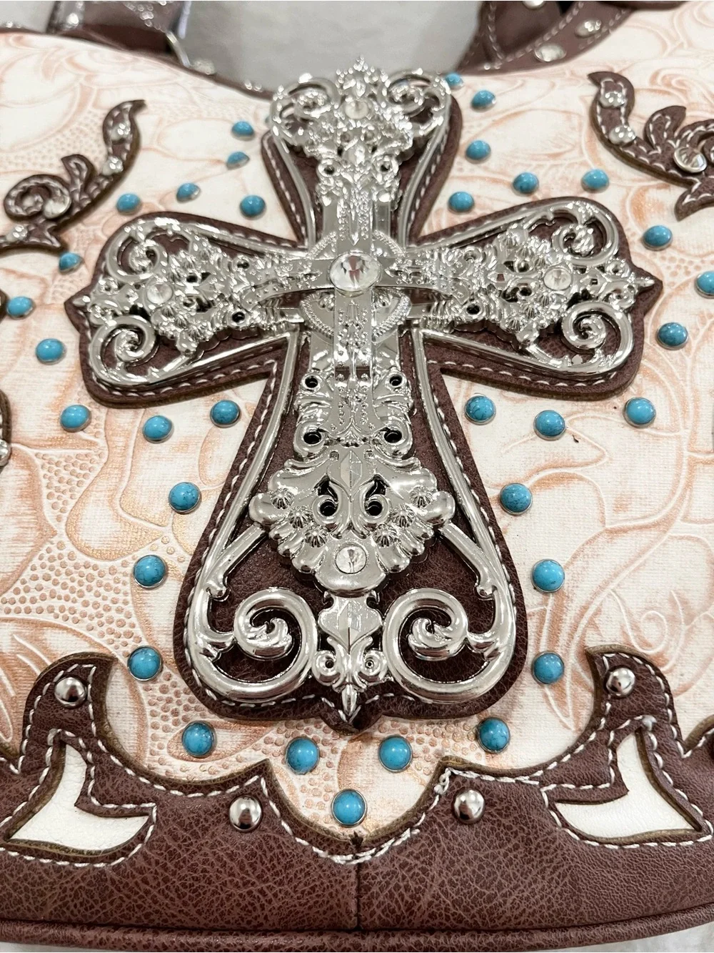 Brown and Cream Embellished Cross Satchel Tote NWT